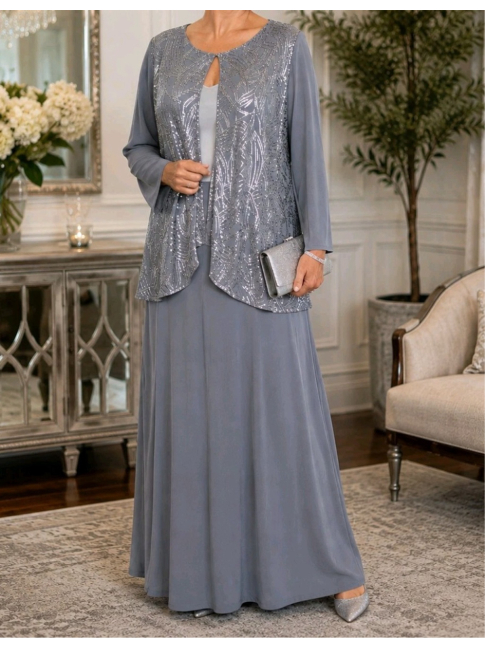 ANTTHONY 1X NWT Gray Sequin Jacket Maxi Skirt 2pc Workwear Evening Formal Set
